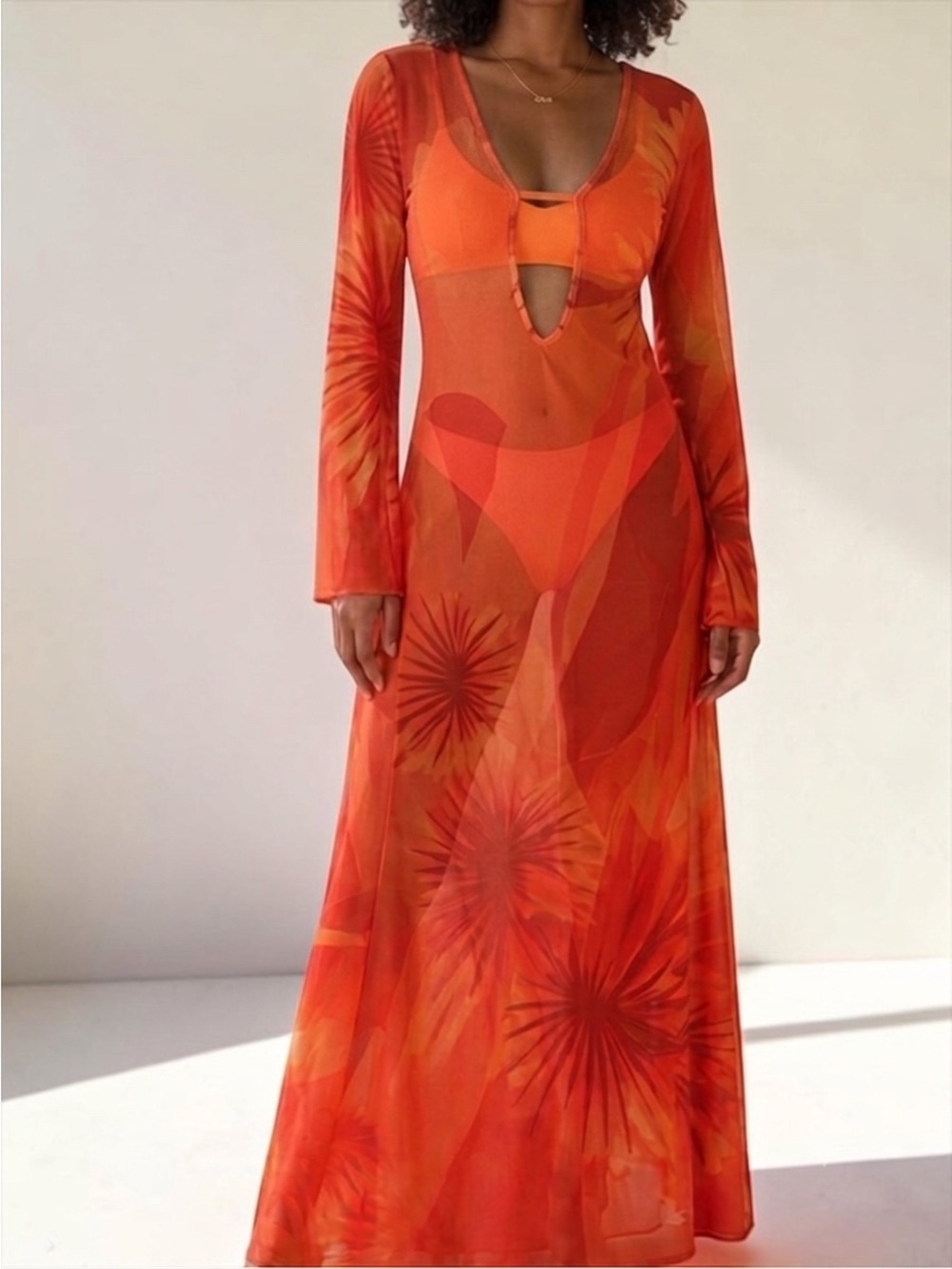 CAROLINE CONSTAS Sheer Mesh Maxi Cover-Up Sunset Orange Resort Vacation S
New!